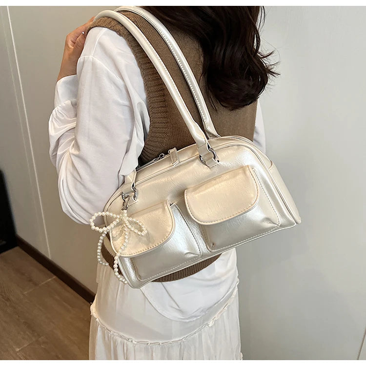 Solid Sewing Thread Fashion Glossy PU Shoulder Bags