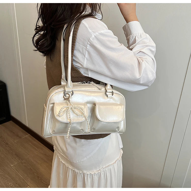 Solid Sewing Thread Fashion Glossy PU Shoulder Bags