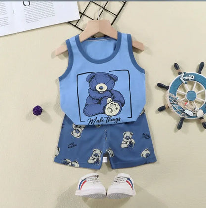 2PCS Baby & Kids Summer Outfit – Cotton Sleeveless T-Shirt + Shorts Set for Boys & Girls