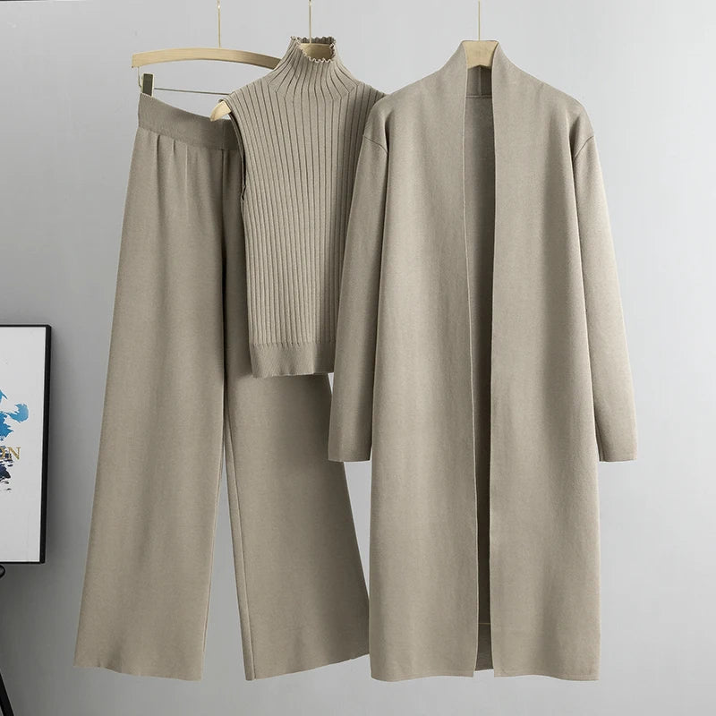 Spring Autumn Women’s 3-Piece Cardigan Tracksuit – Vintage-Inspired Knitted Sweater & Pants Set