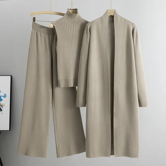 Spring Autumn Women’s 3-Piece Cardigan Tracksuit – Vintage-Inspired Knitted Sweater & Pants Set