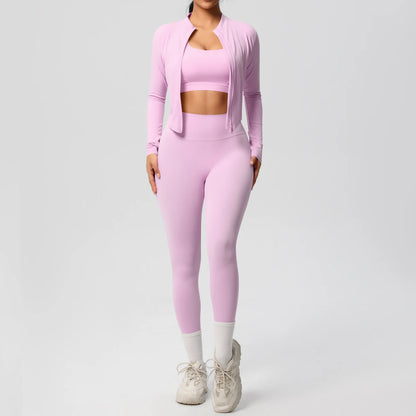 3-Piece Women's Sportswear Yoga Set – Zipper Jacket, Sports Bra & Leggings