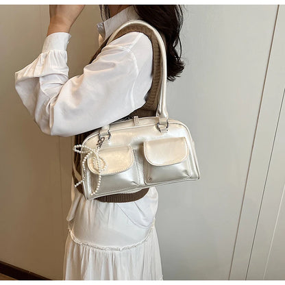 Solid Sewing Thread Fashion Glossy PU Shoulder Bags